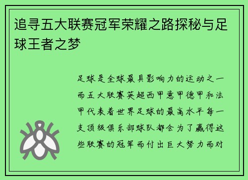 追寻五大联赛冠军荣耀之路探秘与足球王者之梦