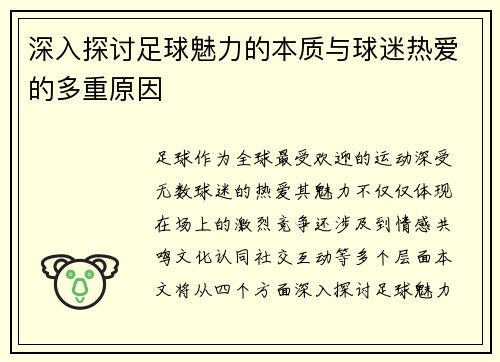 深入探讨足球魅力的本质与球迷热爱的多重原因